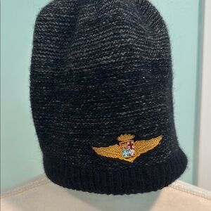 Black Gray Knit Beanie with Gold Emblem Italy